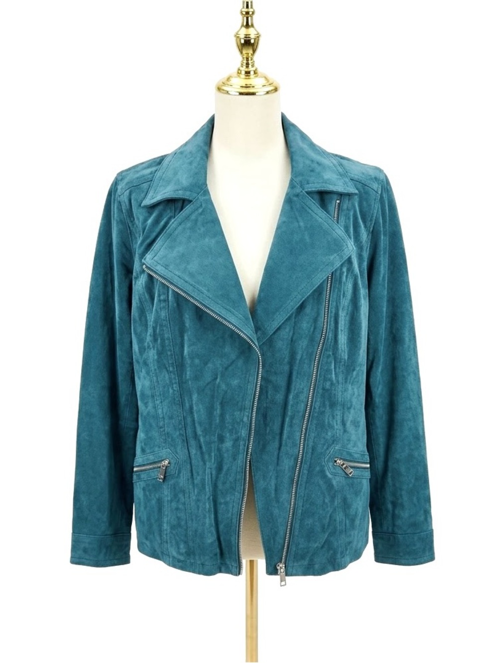 Dennis Basso Washable Suede Leather Moto Jacket Teal Blue Silver Zip Size Small